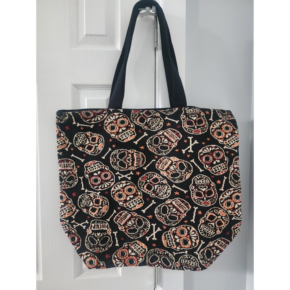 Rare Vintage Style Canvas Sugar Skull Calavera Tote Bag With Straps 23x18x9